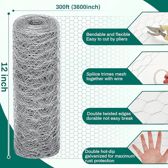 GlikCeil 12 in x 300 ft Chicken Wire Mesh Fencing for Floral Garden, 23 Gauge Silver Galvanized Steel Wire, 1 Inch Hexagonal Hardware Cloth Netting for Farm Crafts Poultry Coop Barrier Rabbit Cage