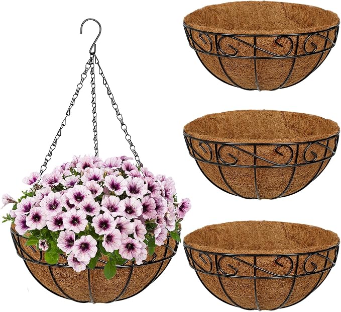 4 Pack 12 inch Metal Hanging Baskets for Plants, Round Metal Wire Hanging Basket Planter with Coco Fiber Liners Chain for Garden Home Porch Patio, Flower Border