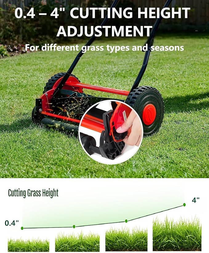 Eco-Friendly Quiet Hand Push Lawn Mower – 16-Inch 5-Blade Manual Reel – Adjustable Cutting Height, Lightweight, Easy Assembly – Ideal for Small to Medium Yards – Red