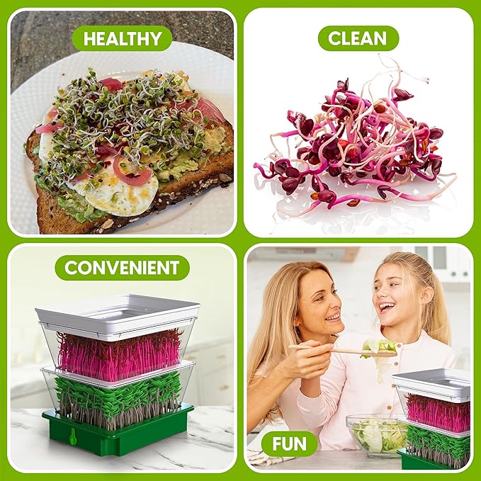 ZESTIGREENS 2-Tier Sprouting Kit - Stackable Seed Sprouter Trays with Drain Spout - Grow Fresh Sprouts at Home - BPA-Free