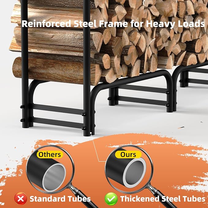 8FT Firewood Rack with Cover Outdoor, Heavy Duty Wood Storage Rack with 600D Oxford Waterproof Full Cover for Fireplace, Patio, Deck, 1/2 Cord Log Holder with Firewood Carry Bag