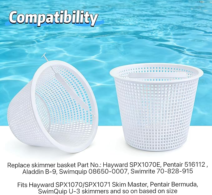 Pool Skimmer Basket 8 Inch Pool Filter Basket with Handle (Set of 2), Plastic Replacement Skimmer basket for Inground Pool Remove Leaves Debris, Fits Most Hayward Pentair Pool Skimmers (White)