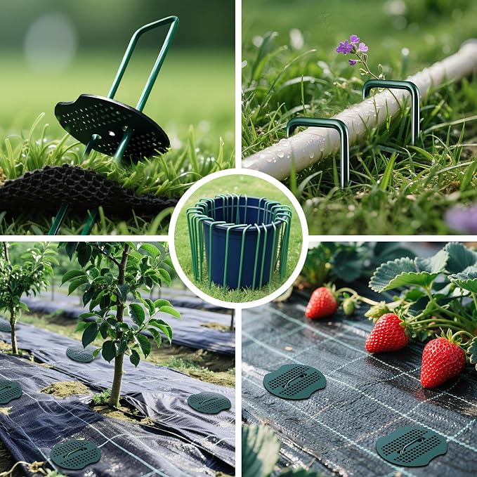 6 Inch Landscape Fabric Staples, 200Pcs Garden Stakes Galvanized +200Pcs Gasket +Pick Hook +Rubber Mallet, U Shaped Weed Barrier Stakes 11 Gauge Lawn Staples Landscape Pins for Yard, Sod, Weed Mat