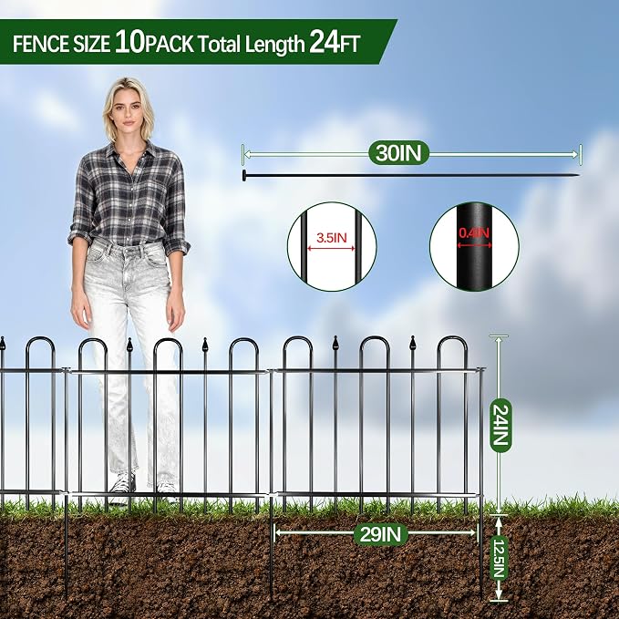 24.3ft(L) x 24in(H) 10 Panels Metal Decorative Garden Fence, No Dig Animal Barrier Fence, Garden Border Fence Panels with Ground Stake, for Pets, Flower Bed, Yard, Patio