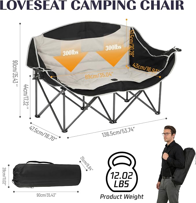 SunSettler Oversized Double Camping Chairs, Folding Camping Loveseat, Double Camp Couch for Beach Days, Soccer Games, Tailgating