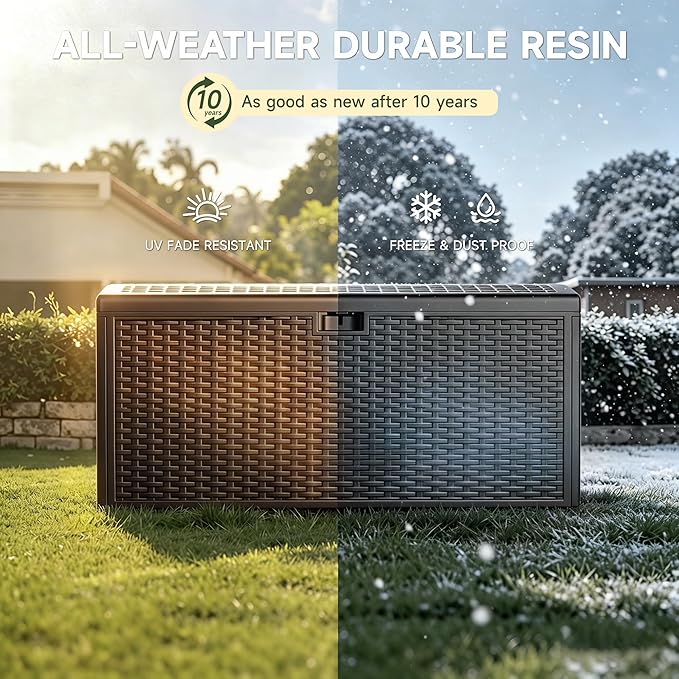 150 Gallon Deck Box, Double Layer Waterproof Resin, Lockable & UV Resistant Storage Box for Patio, Garden, Pool, Brown
