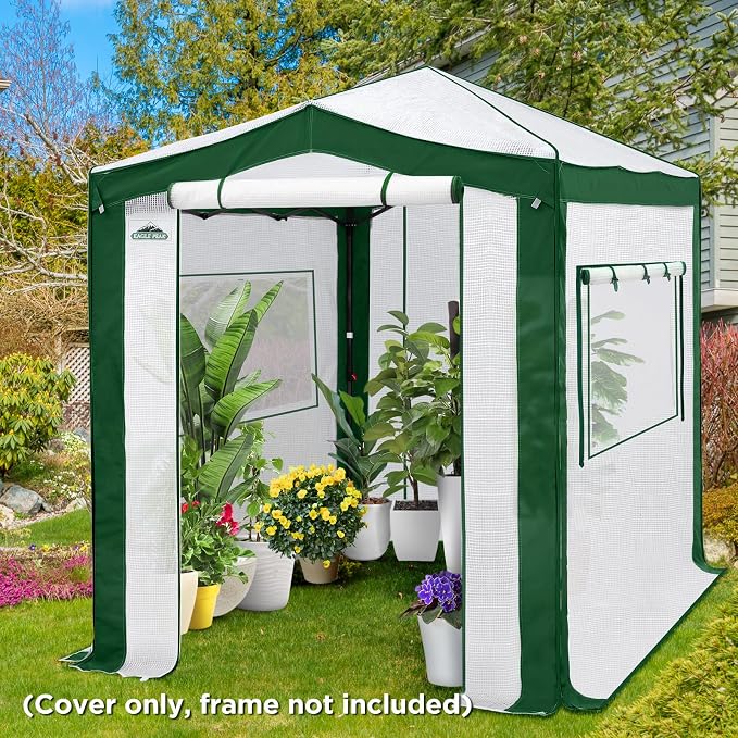 EAGLE PEAK Replacement Cover for 8x6 Pop up Greenhouse with Polyester Reinforced Corners, Front and Rear Roll-Up Zipper Entry Doors and 2 Roll-Up Side Windows (Frame Not Included), Green/White