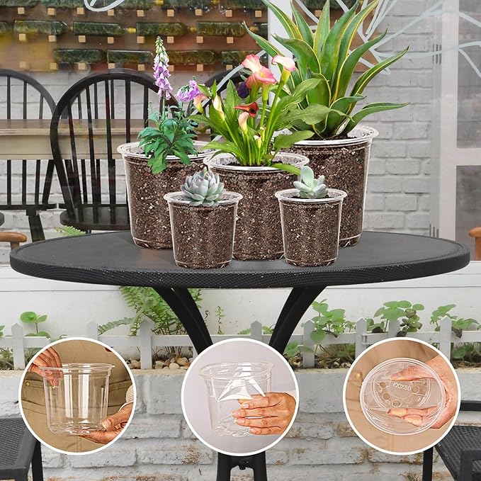 JNYONG 60 Pack 3.5/4/5/6/7 Inch Clear Nursery Pots with Drainage Hole,Variety Sizes Seed Starting Pots Transparent Plastic Plant Pots for Plants Transparency with 50 Plant Labels