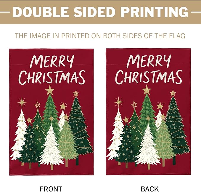 Merry Christmas Garden Flag 12x18 Inch Dark Red Green Xmas Tree Holiday Winter Decorative Yard Flags for Outside Double Sided Seasonal Outdoor Home Farmhouse Decoration Porch New Year Decor