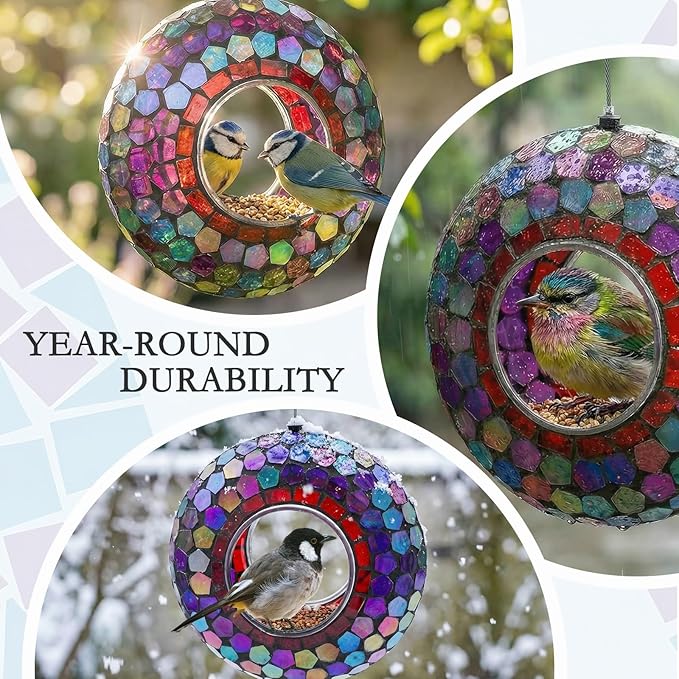 6 Inch Mosaic Glass Hanging Bird Feeder for Outdoors，Fly Through Bird Feeders for Wild Birds, Cute Seed Container with Round Shape for Backyard Window Garden Porch Decor, Aurora Purple Mosaic
