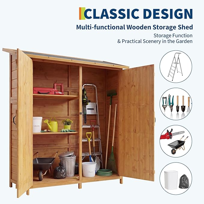 Outdoor Storage Cabinet with 2 Shelves & Lockable Doors- Wooden Garden Shed with Floor and Waterproof Roof for Patio, Backyard, Deck, Lawn Organization Tall Wood Tool Shed, Large Storage Space