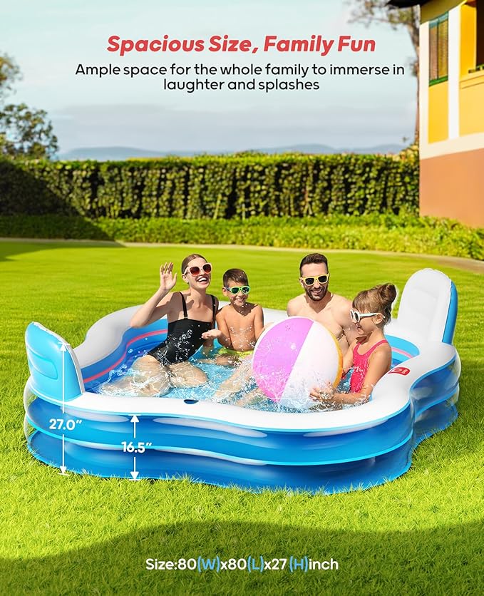 QPAU Inflatable Swimming Pool with 2 Seats and Backrests, 80" L x 80" W x 27" D Large Full-Sized Family Pools for Kids and Adults for Backyard, Garden, Outdoors, Clear Blue