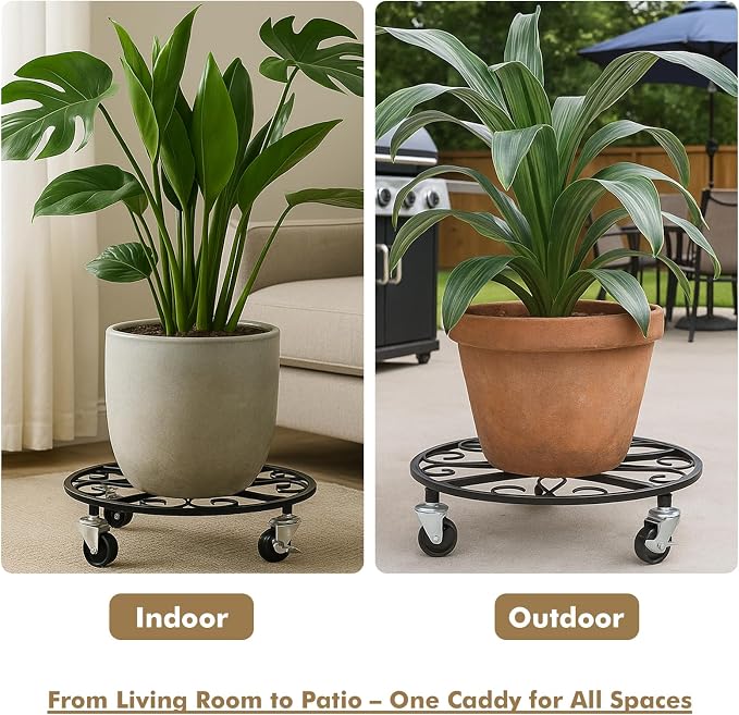 4 Pack Plant Caddy with Wheels 12 Inch Rolling Plant Stand for Large Plants Heavy Duty Plant Rollers Metal Plant Dolly Rustproof Planter Stand Wrought Iron Plant Stands Flower Cart Indoor Outdoor