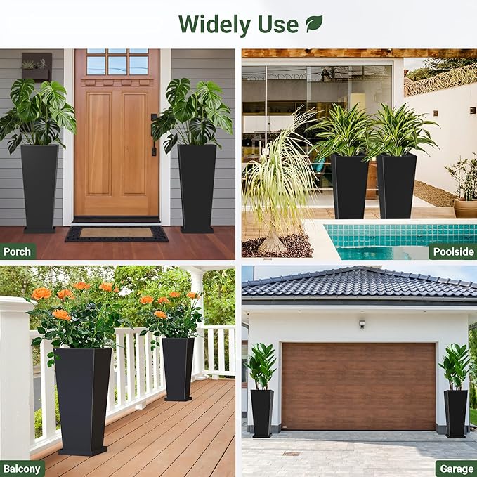 Metal Tall Outdoor Planters Set of 2, 28 inch Durable Tall Planters with Rust-Proof Coating & Drainage Insert Shelve & Trays, Black Outdoor Planters for Porch, Garden, Patio, Yard