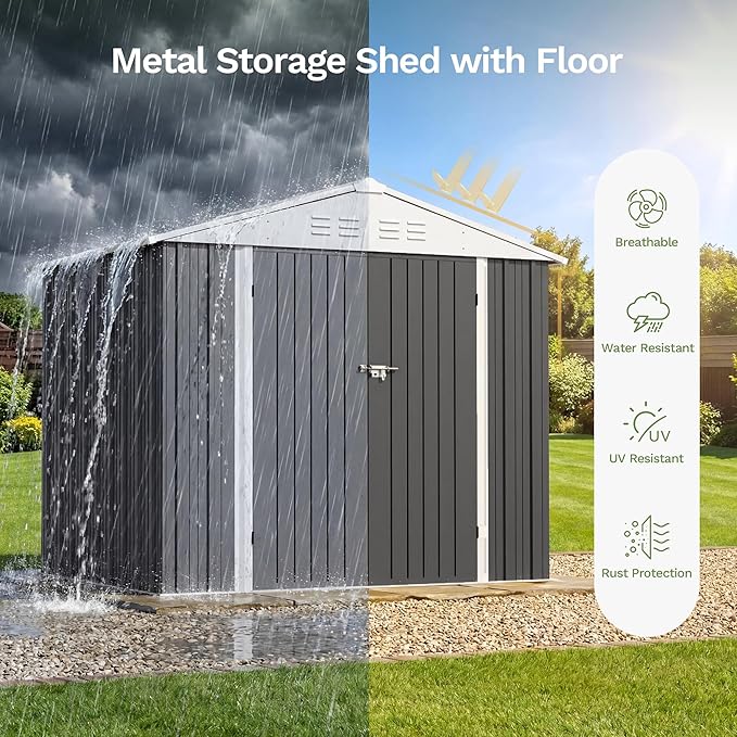 Patiowell 8x6 FT Outdoor Storage Shed with Floor Frame, Metal Garden Patio Sheds with Sloping Roof and Lockable Door, Waterproof Steel Tool Shed for Backyard Garden Lawn, Gray