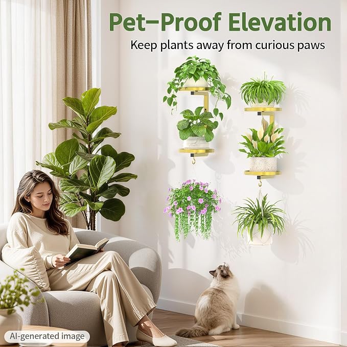LASZOLA Plant Hangers Holder Wall Mounted Indoor, Metal 2 Tier Window Hanging Plant Shelves, 2Pcs Modern Floating Flower Display Stand with 2 Hooks for Outdoor Kitchen Bathroom Decor, Warm Gold