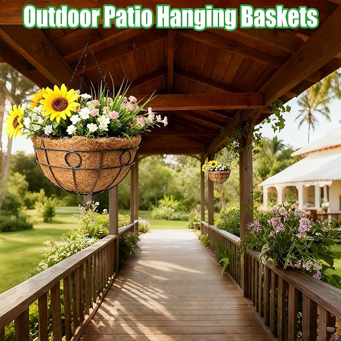 4 Pack 12 Inch Heavy Duty Hanging Basket Outdoor Metal Hanging Planters with Coco Coir Liners Black Hanging Flower Baskets for Outdoor Plants Patio Porch Balcony Garden（Round）