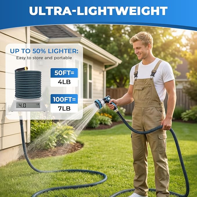Non-Expandable Garden Hose – Ultra Lightweight & Leak-Proof Kink-Free Water Hose with 10-Function Spray Nozzle – Wear-Resistant Hybrid Hose for Yard, Lawn, Car Wash & Outdoor Use – 100 ft
