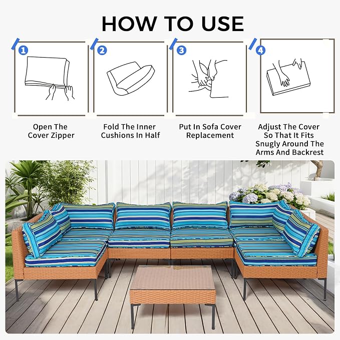 14 Piece Outdoor Patio Cushion Covers Replacement Waterproof with Zipper for 6-Seater Sectional Couch Chair Patio Furniture Conversation Sofa Seat Cushions Slipcovers Set, Only Cover