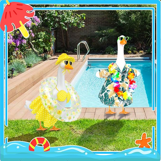 Hawaiian Goose Outfit with Sunglasses & Wreath,Porch Goose Outfits for 23" 17" Cement Plastic Goose Clothes Costumes,Garden Decor Duck Costume for Outdoor Statues(Bikini)