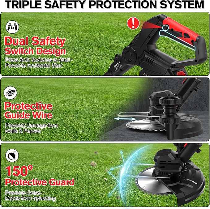 21V Cordless Weed Wacker Lawn Edger, 4.6lbs Lightweight Battery Powered String Trimmer, 4-in-1 Brush Cutter with Metal Blades, Wire Brush & Guide Wheel for Garden Edging (2 Batteries, 2.0Ah)