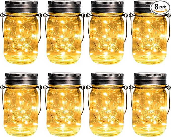 GIGALUMI Solar Mason Jar Lights, 8 Pack 30 Led String Fairy Lights Garden Lights Outdoor Waterproof Hanging Solar Lanterns for Outdoor, Garden, Patio, Lawn, Balcony Decoration