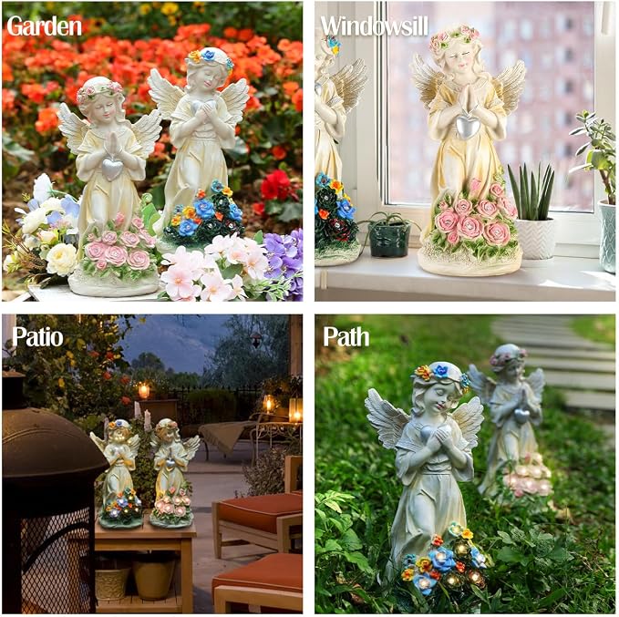 Angel Garden Statue 2Pcs,Love Heart Solar Garden Decor with Warm Light,Waterproof Praying Angel Statue with Flowers,Outdoor Garden Decor Sculpture for Lawn Yard Patio Garden Present,Apricot
