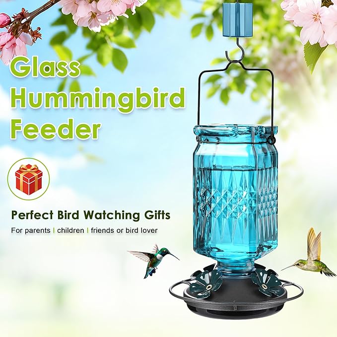 20oz Glass Hummingbird Feeder for Outdoors Hanging, Bird Nectar Feeder with 4 Bee Guard Flower-Shaped Feeding Ports & Built-in Ant Moat, for Bird Lover, Blue (2 Pack)