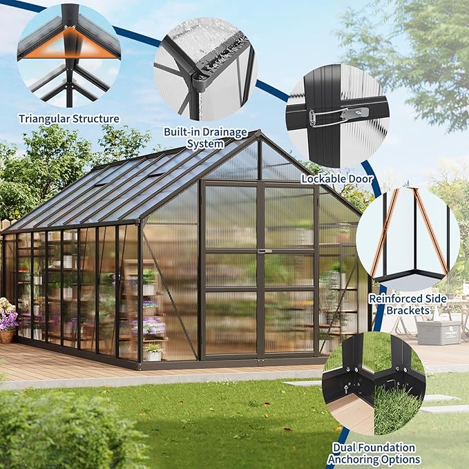 Garvee Greenhouse, 8×16FT Greenhouses for Outside,Outdoor Greenhouse with Roof Air Vent, Heavy Duty Walk-in Aluminum Green House for Outside Garden Backyard