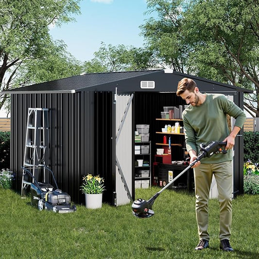 COMHOMA Shed Outdoor Storage Shed Metal,Lockable Doors Tool Sheds with Sloping Roof,Steel Garden Shed with Air Vent for Backyard,Patio,Lawn,Poolside(Grey,10'x10')