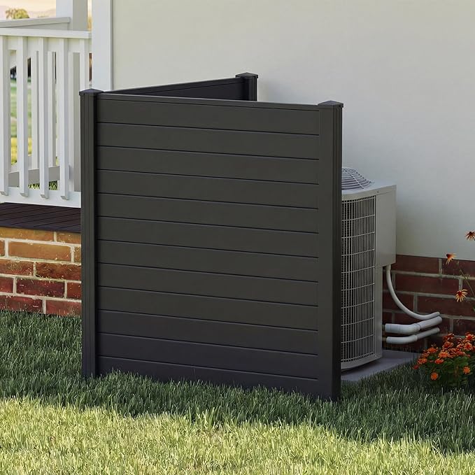 HAPPYGRILL Air Conditioner Fence, 4 Panels Outdoor Privacy Fence Screen w/6 Stakes, 48”W x 48”H PP Pool Equipment Enclosure Trash Can Screen, Decorative Garden Fences for AC Unit Patio Lawn, Black