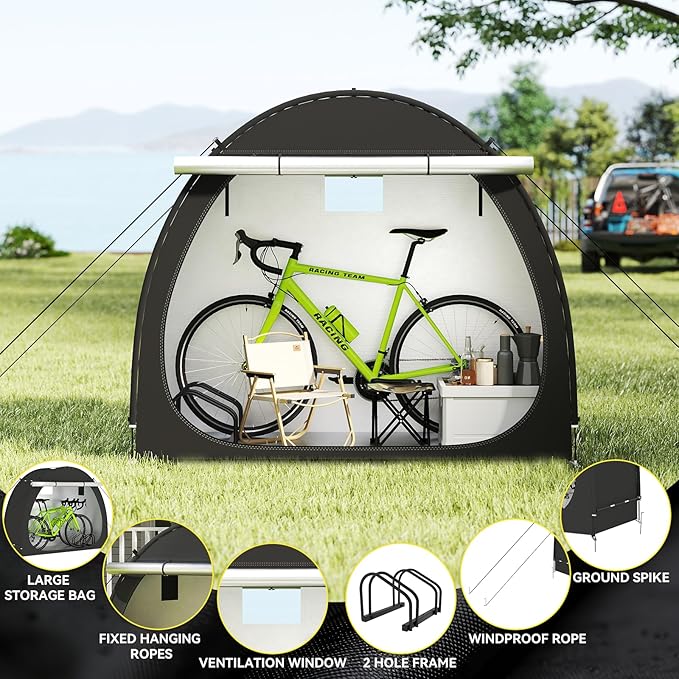Bike Storage Shed, Bike Tent with Windproof Ropes Bicycle Storage Sheds with Bicycle Racks 210D Oxford 1000ppm Waterproof for 2/3 Bikes, Covers Shelter for Motorcycle, Garden Tools