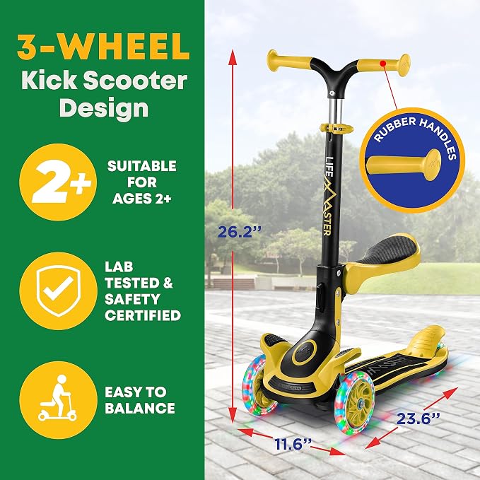 3 Wheel Scooter for Kids with Foldable Seat, Adjustable Handlebar Height, Lean-to-Steer Ride On Toy for Kids Ages 2+, Light-Up LED Wheels, Wide Anti Slip Deck, Indoor & Outdoor Use