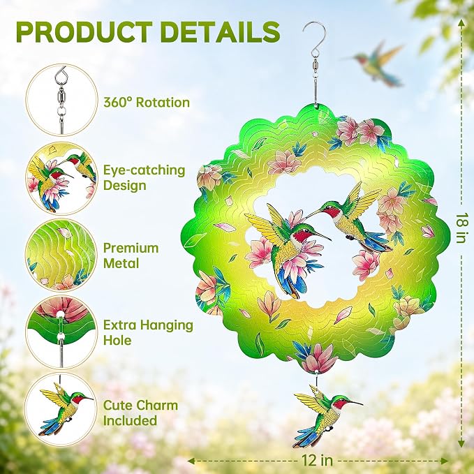 Hummingbird Wind Spinners Outdoor Decor, IDEA SHOW 12 in 3D Kinetic Stainless Steel Hanging Wind Spinner Sculpture with Pendant, Rustproof Metal Yard Art Garden Decorations, Unique Gifts for Women Mom