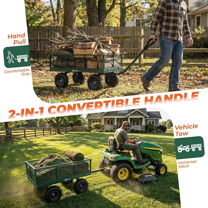 Sekey 1000lbs Heavy Duty Steel Garden Cart for Yard & Farm, Utility Wagon with Removable Sides (Convert to Flatbed), 10" Rubber Tires, Green