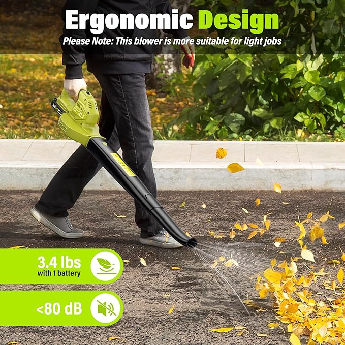 SEYVUM Leaf Blower, 20V Cordless Blower with 2 x 2.0Ah Battery, Electric Leaf Blowers for Lawn Care, 350 CFM 150 MPH Battery Powered Leaf Blower, for Patio, Garden Cleaning, Fast Charger, Lemon Green