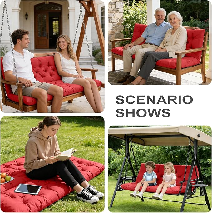 Porch Swing Cushions,Outdoor Cushions 3 Seater Replacement with Backrest, Waterproof Thickened Bench Cushion with Ties for Porch, Patio,Outdoor, Backyard and Garden (Red 47 * 40 in)