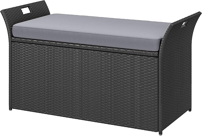 DWVO 90 Gallon Outdoor Storage Bench,Rattan Deck Box with Cushion, Outside Bench for Patio Storage,Yard,Pool,Garden,Black&Grey