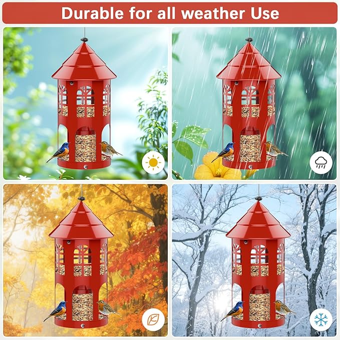 Metal Bird Feeder for Outdoor Hanging, Large Capacity Wild Bird Feeder with Weatherproof Roof & Squirrel-Proof Design, Easy to Fill & Clean, Ideal for Cardinals, Finches, and Blue Jays