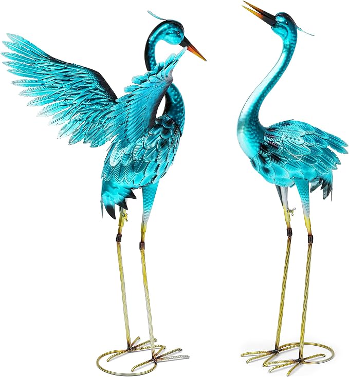 36.8" Metal Crane Garden Statue, Oversized Heron Yard Decor | Handcrafted with 3DTexture, Hand-Painted, U-ground Stakes for Stability, Weather Resistant Iron, Backyard Lawn Pond Patio