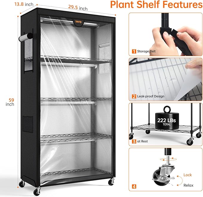 Bstrip Indoor Greenhouse with Grow Light, Plant Stand with 4 Pack 24W Full Spectrum Plant Lights , Plant Shelf with Tent for Indoor Plant, Seed Starting, Seed Tray, 29.5"x13.8"x59"