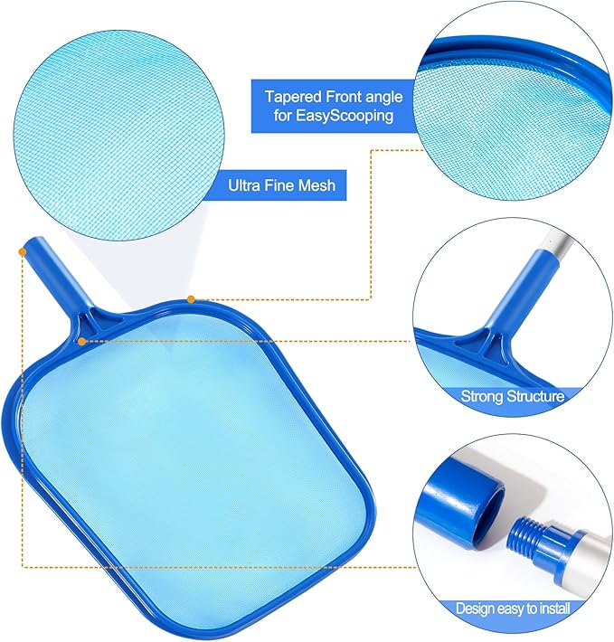Pool Skimmer - Pool Skimmer Net with 5 Section Adjustable Telescopic Aluminum Pole, 25''- 64'', Pool Net Skimmer Rake with Ultra Fine Mesh , Pool Leaf Skimmer for Swimming Pools, Spas, Hot Tubs