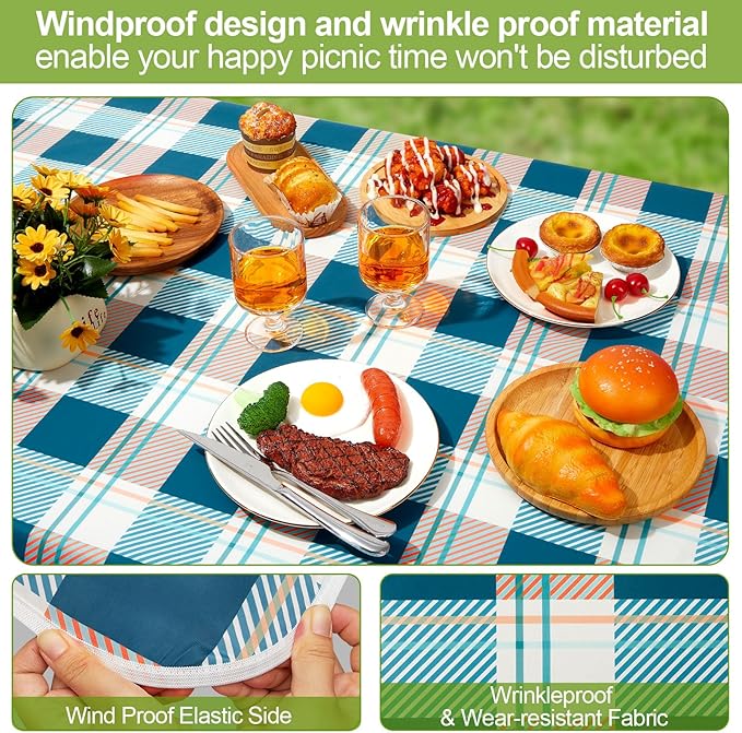 Play Tailor Picnic Table Cover with Bench Covers Camping Essentials Waterproof Windproof Camping Tablecloth with Drawstring Bag, Fitted Rectangle Tables and Seats, 72in, Green Checkered