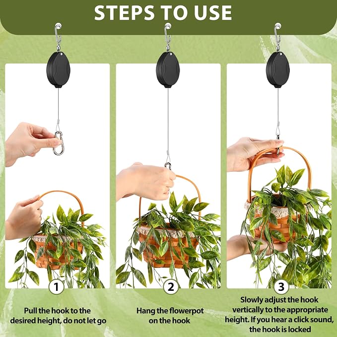 Leinuosen 4 Pack Upgraded Plant Pulleys for Hanging Plants Heavy Duty Retractable Plant Hanger, 304 Stainless Steel Rope Adjustable Climbing Hook for Garden Baskets Pots, Birds Feeder (Black)