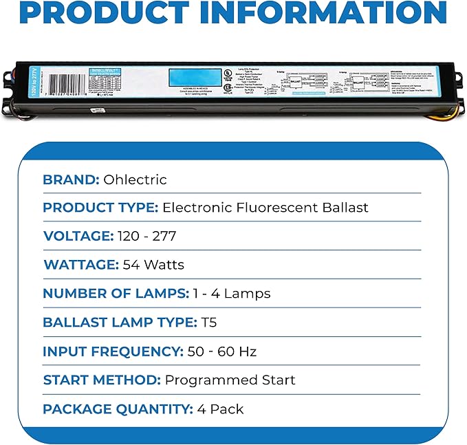 OHLECTRIC Replacement for ICN-4S54-90C-2LS-G, 4 Lamp, T5 Fluorescent Electronic Ballast (4-Pack) 120-277 Volt - Instant Start - Standard and Energy Efficient Ballasts, UL Approved (4)