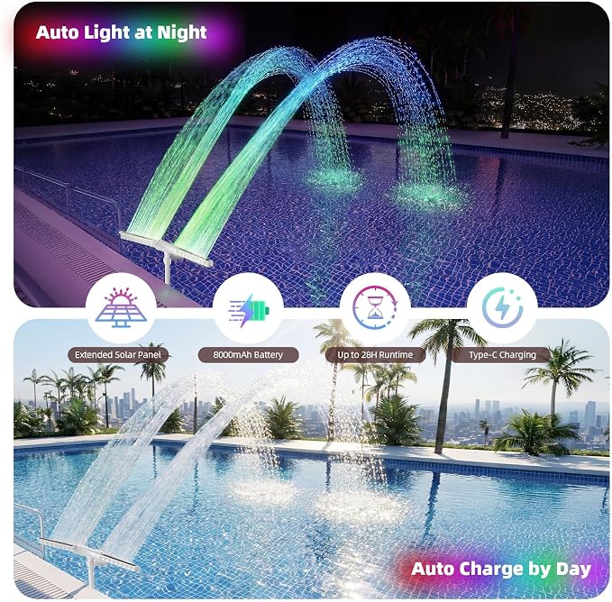 Solar Pool Fountain, 22'' Height Dual-Head Adjustable Spray, Auto Dusk Sensor & 6 Timer Option, Extended 8000mah Battery, 10-Color 4-Mode LED Lights, Pool Fountains for Inground/Above Ground Pools