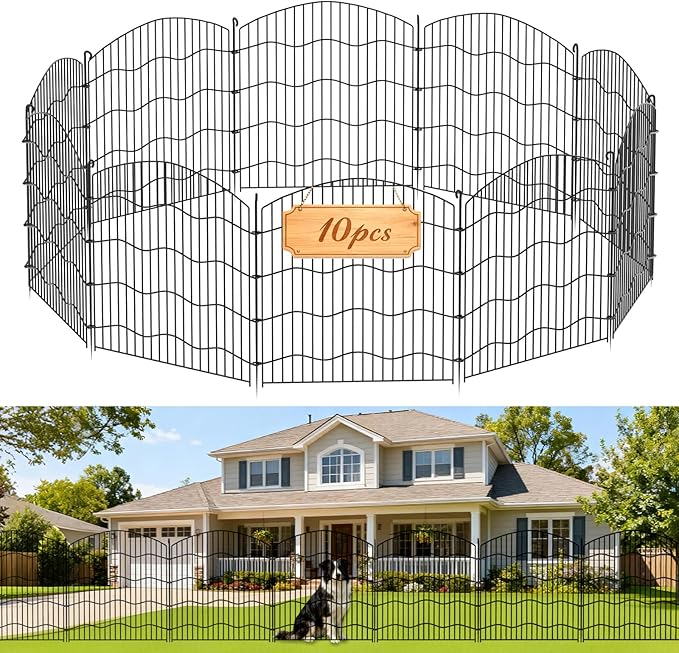 10-Panel No Dig Garden Fence, 31in(H) x24ft(L) Black Metal Animal Barrier, Dog Fence Outdoor for Yard, Temporary Decorative Fencing Border for Rabbits, Patio
