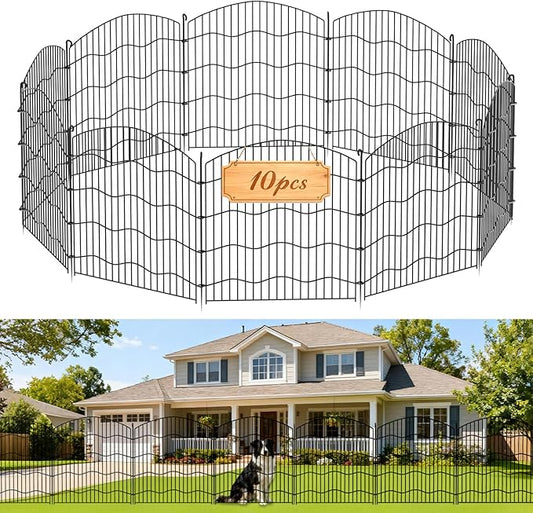 10-Panel No Dig Garden Fence, 31in(H) x24ft(L) Black Metal Animal Barrier, Dog Fence Outdoor for Yard, Temporary Decorative Fencing Border for Rabbits, Patio