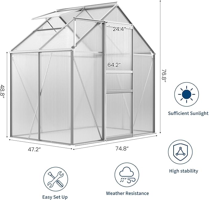 6x4FT Greenhouse for Outdoors, Walk-in Polycarbonate Greenhouse with Sliding Door, Adjustable Roof Vent & Gutter System, Portable Outdoor Green House Kit for Winter Gardening