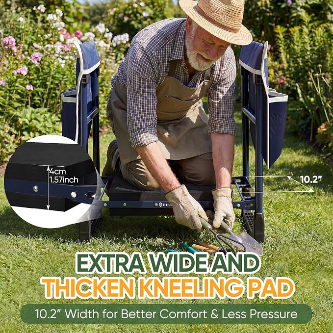 Garden Kneeler and Seat, Foldable Heavy-Duty Anti-Tipping Gardening Bench Stool with Extra-Wide Thickened Kneeling Pad & 2 Tool Pouches, Ideal Gift for Seniors, Gardeners, Women, Men and Dad